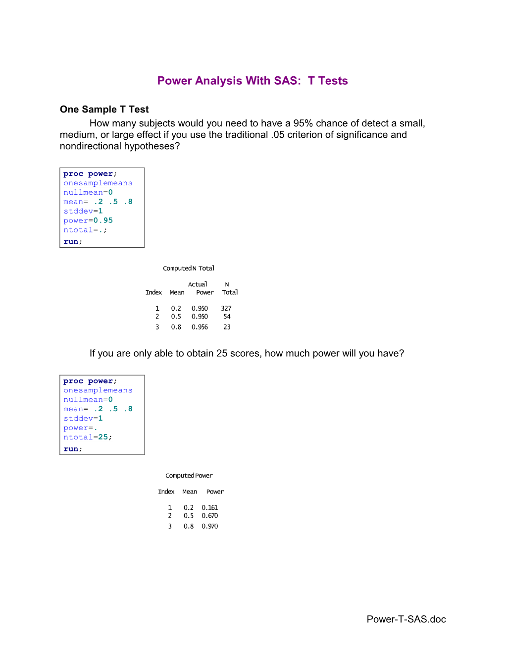 Power Analysis with SAS: Independent Samples T Test