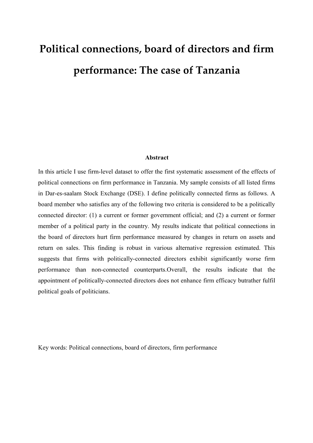 Political Connections, Board of Directors and Firm Performance: the Case of Tanzania