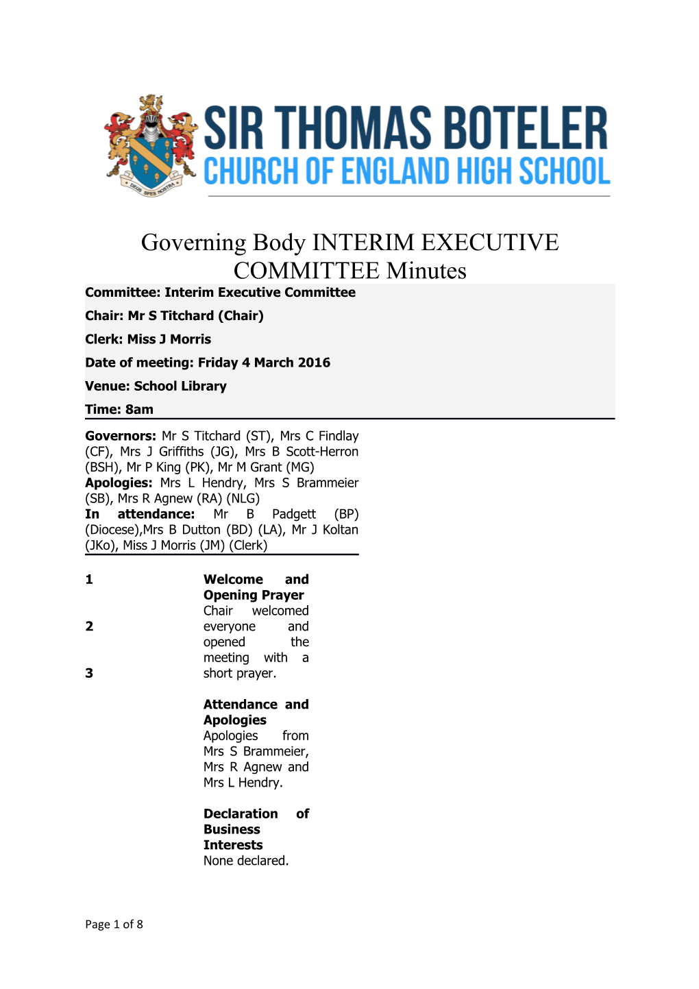 Governing Body INTERIM EXECUTIVE COMMITTEE Minutes