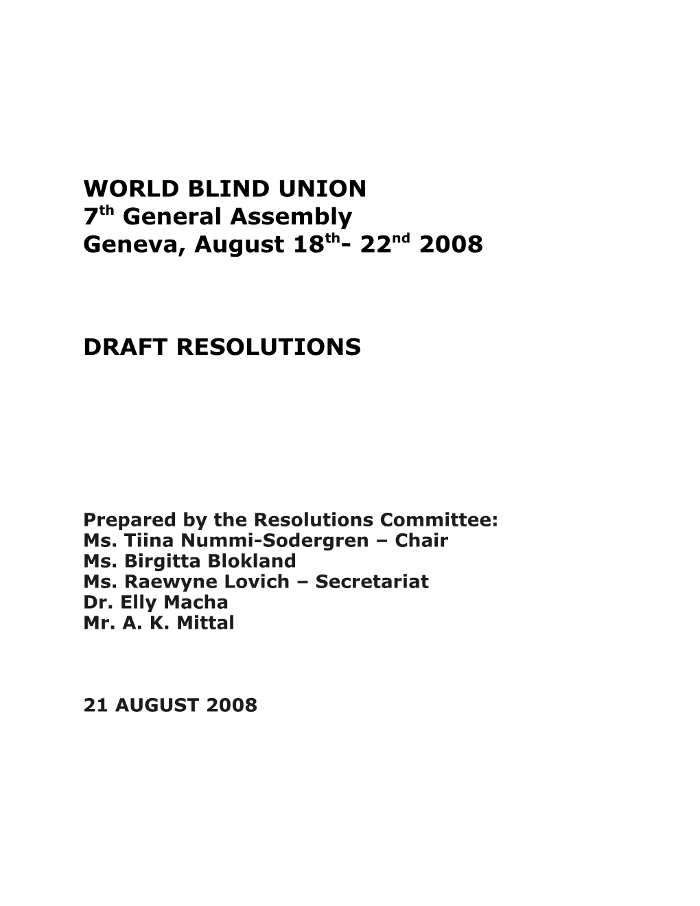 Resolutions for 2008 7Th General Assembly Geneva