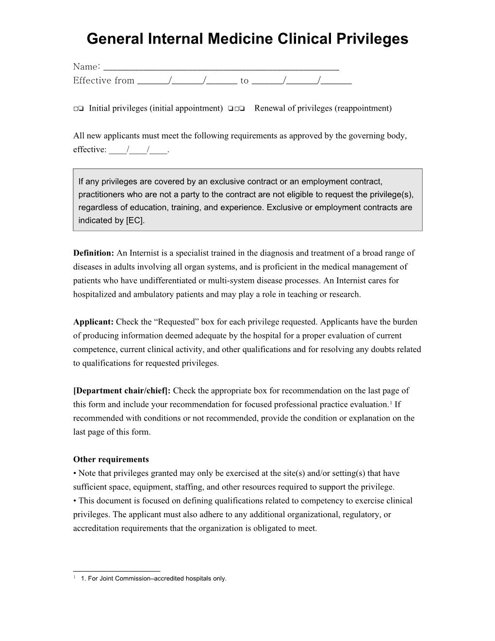 General Internal Medicine Clinical Privileges