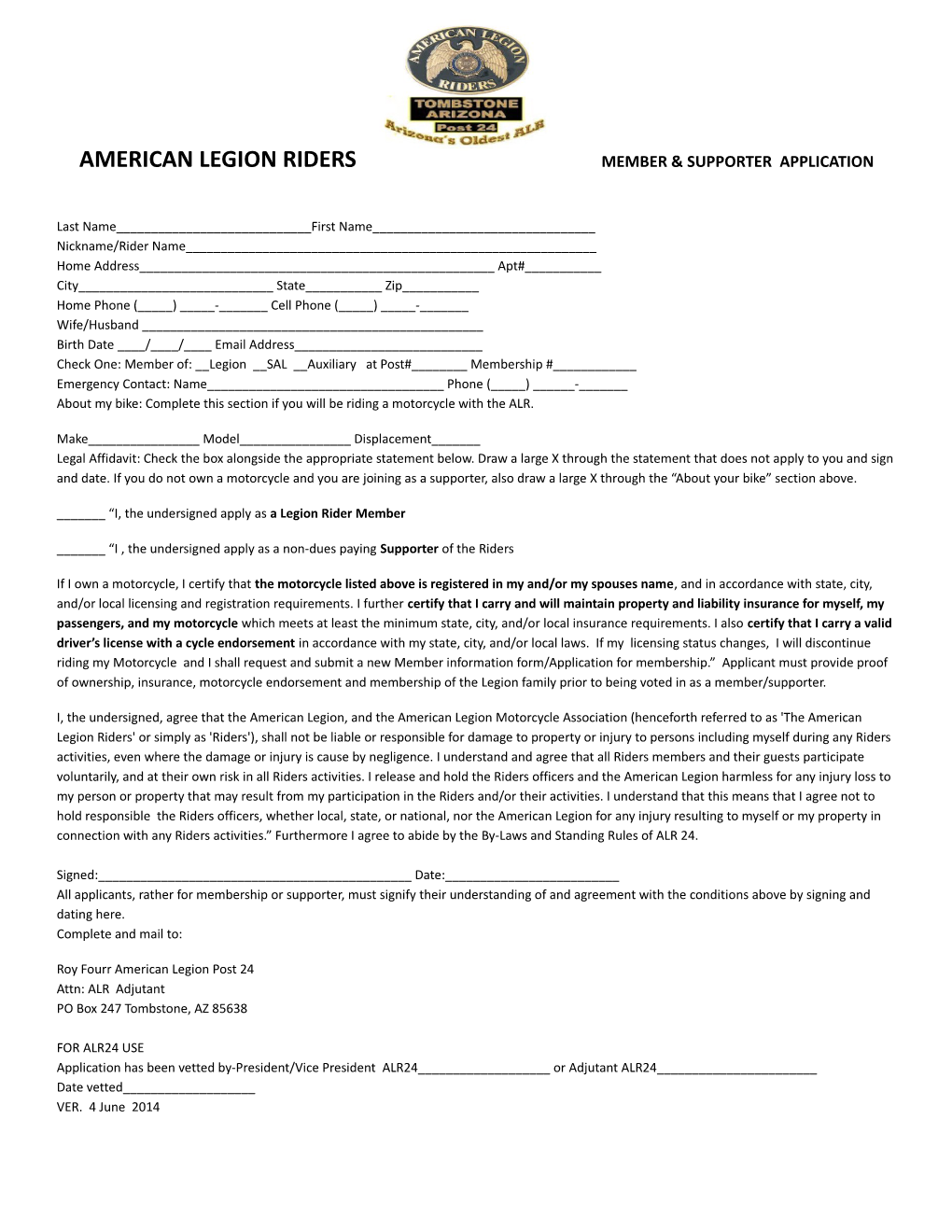 American Legion Riders Member & Supporter Application