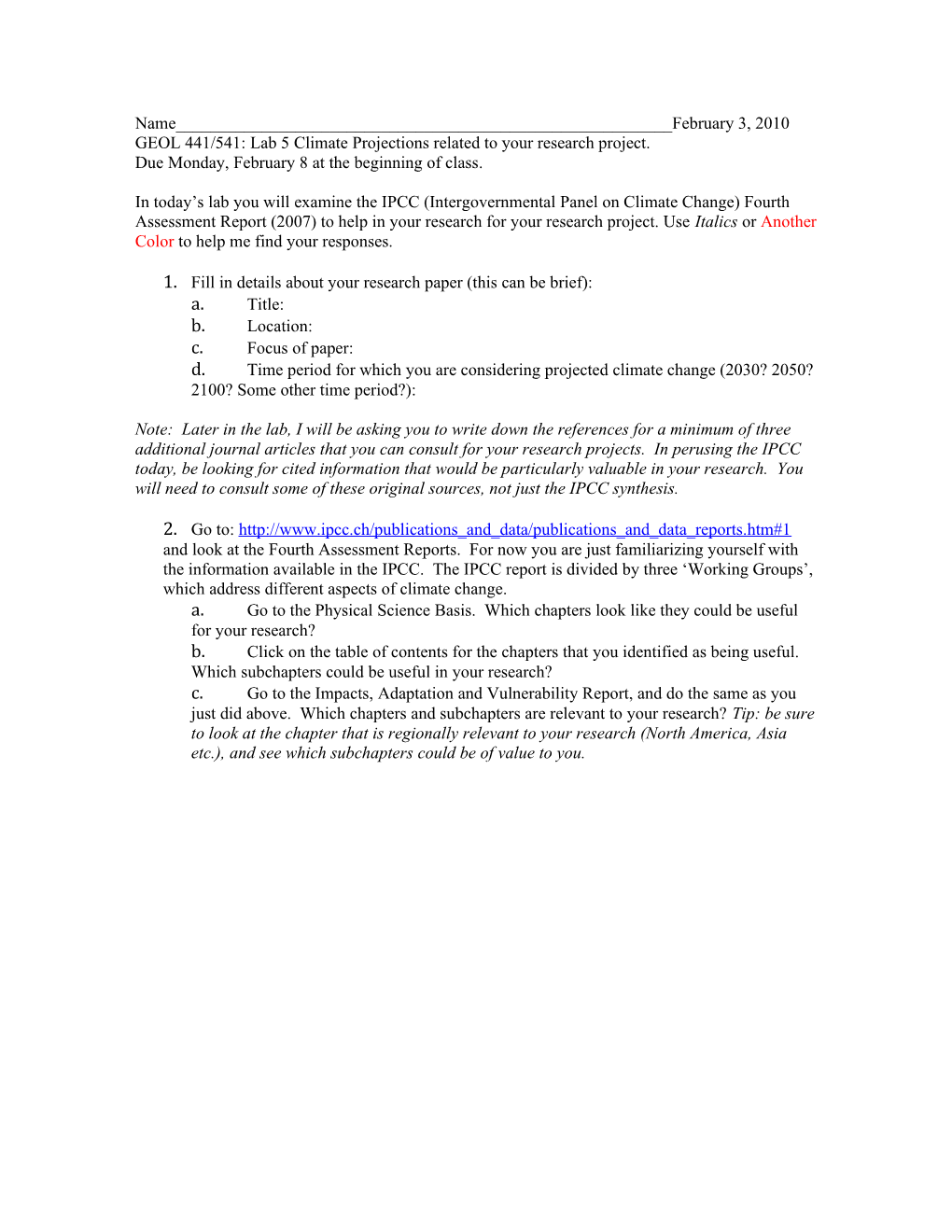 GEOL 441/541: Lab 5 Climate Projections Related to Your Research Project