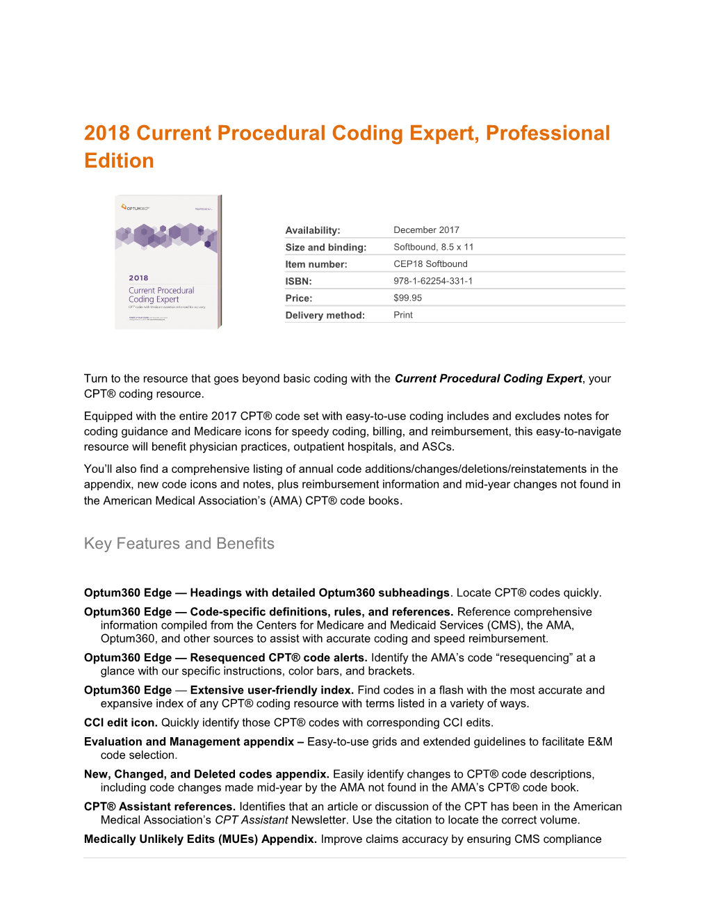 2018 Current Procedural Coding Expert,Professional Edition