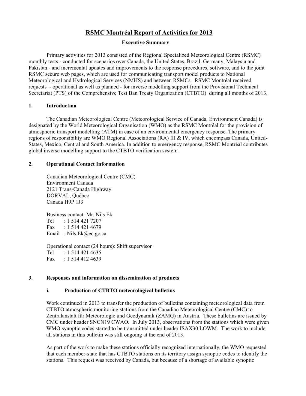 Activities of RSMC Montréal During the Calendar Year 2013