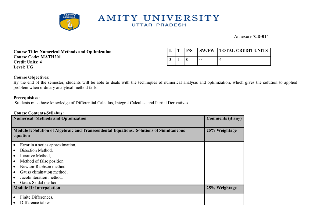 Course Title:Numerical Methods and Optimization