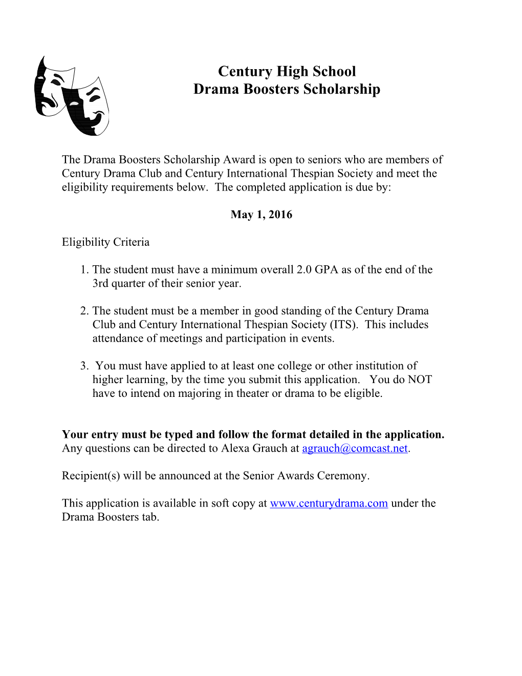 Liberty High School Drama Boosters Scholarship Award Application