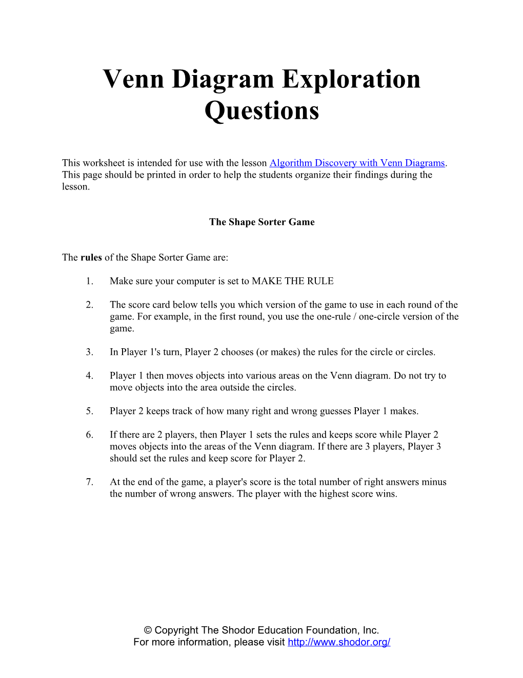 Venn Diagram Exploration Questions