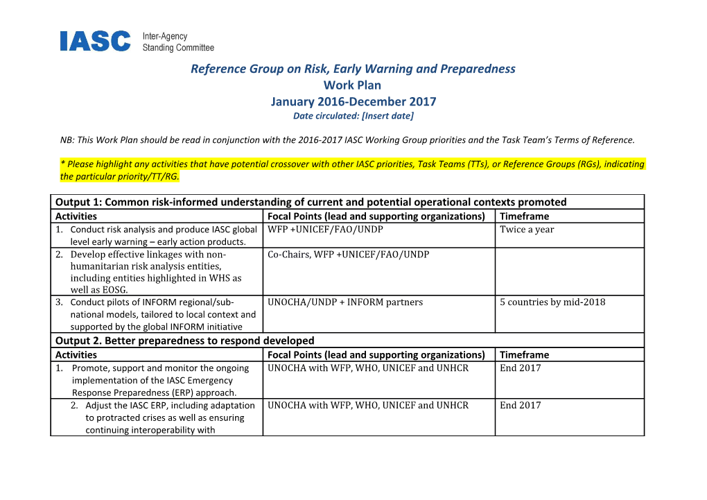 RG Risk, EW and Preparedness Work Plan 2016-2017