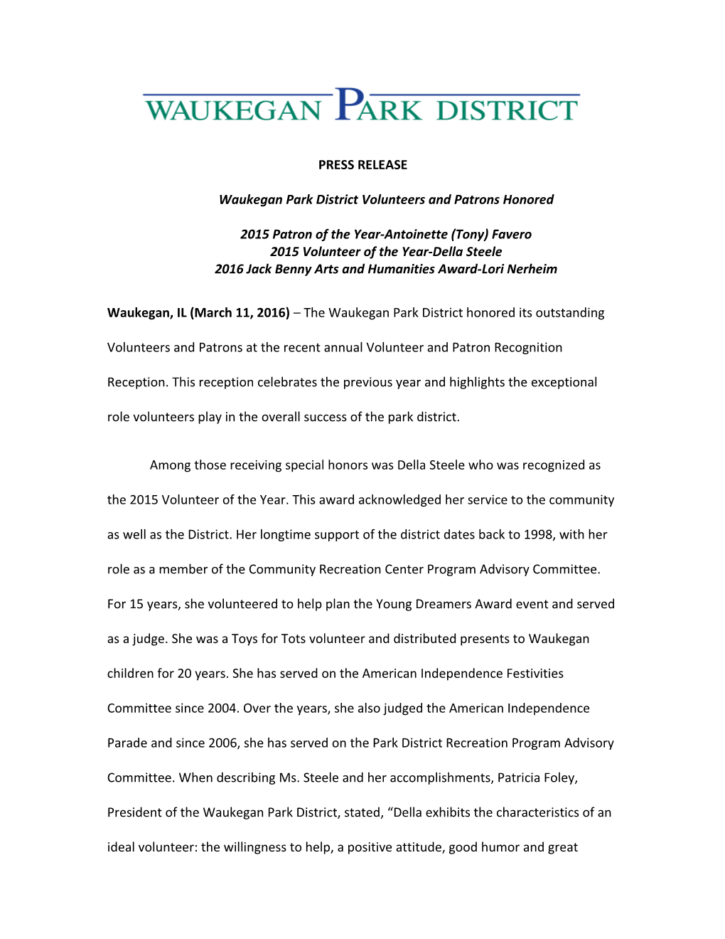 Waukegan Park District Volunteers and Patrons Honored
