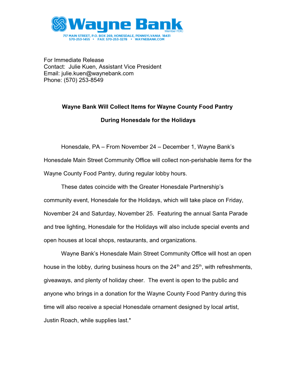 Wayne Bank Will Collect Items for Wayne County Food Pantry