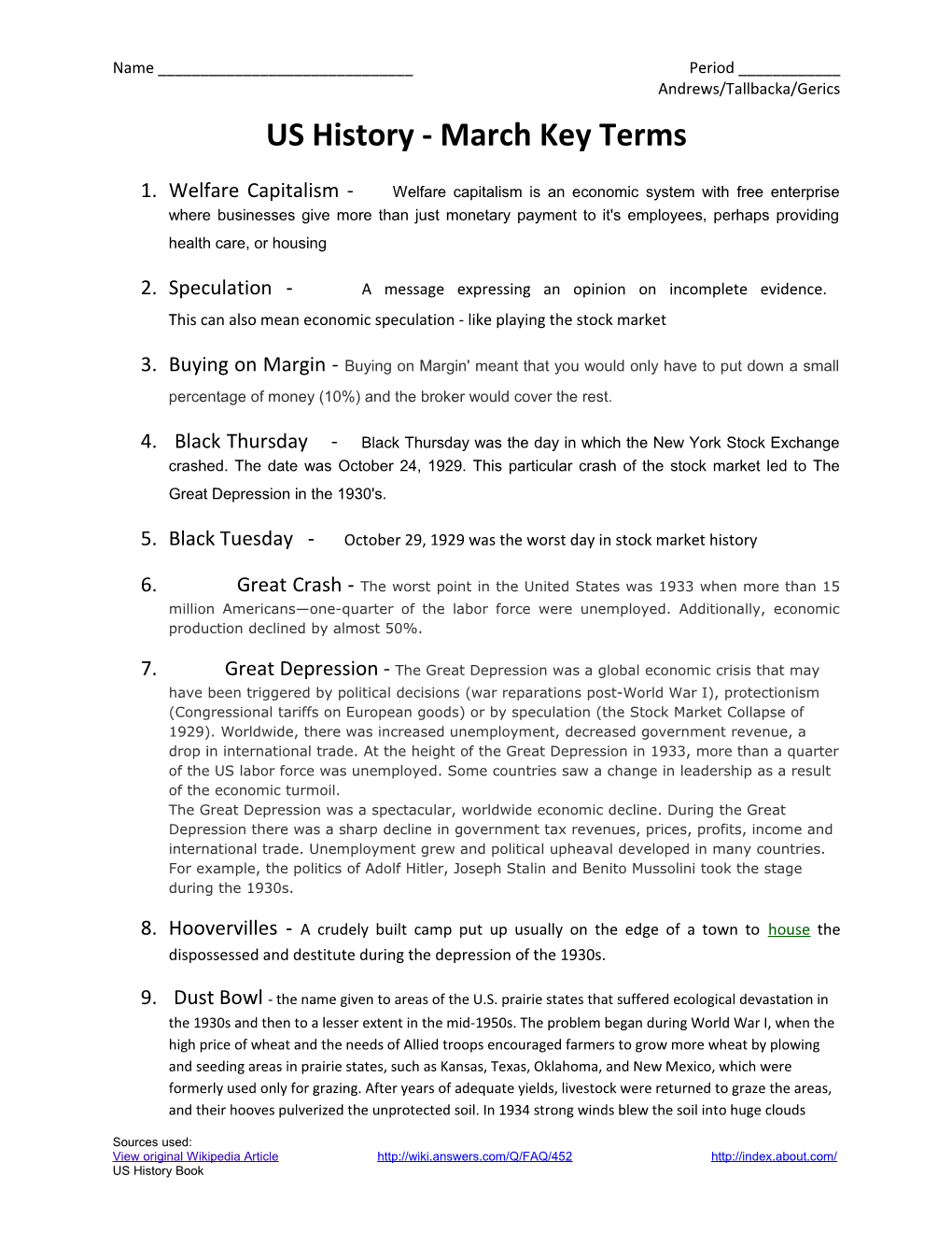 US History - March Key Terms