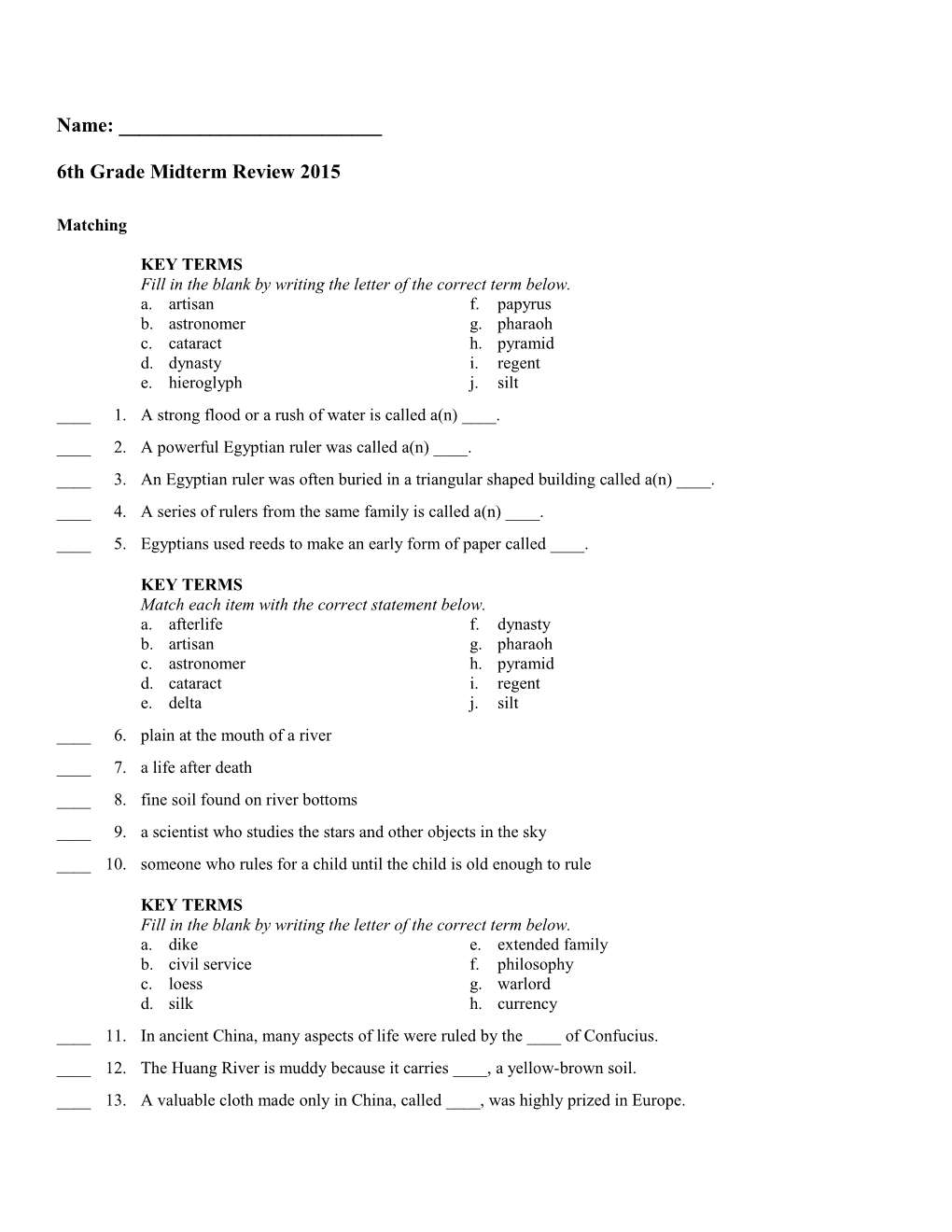 6Th Grade Midterm Review 2015