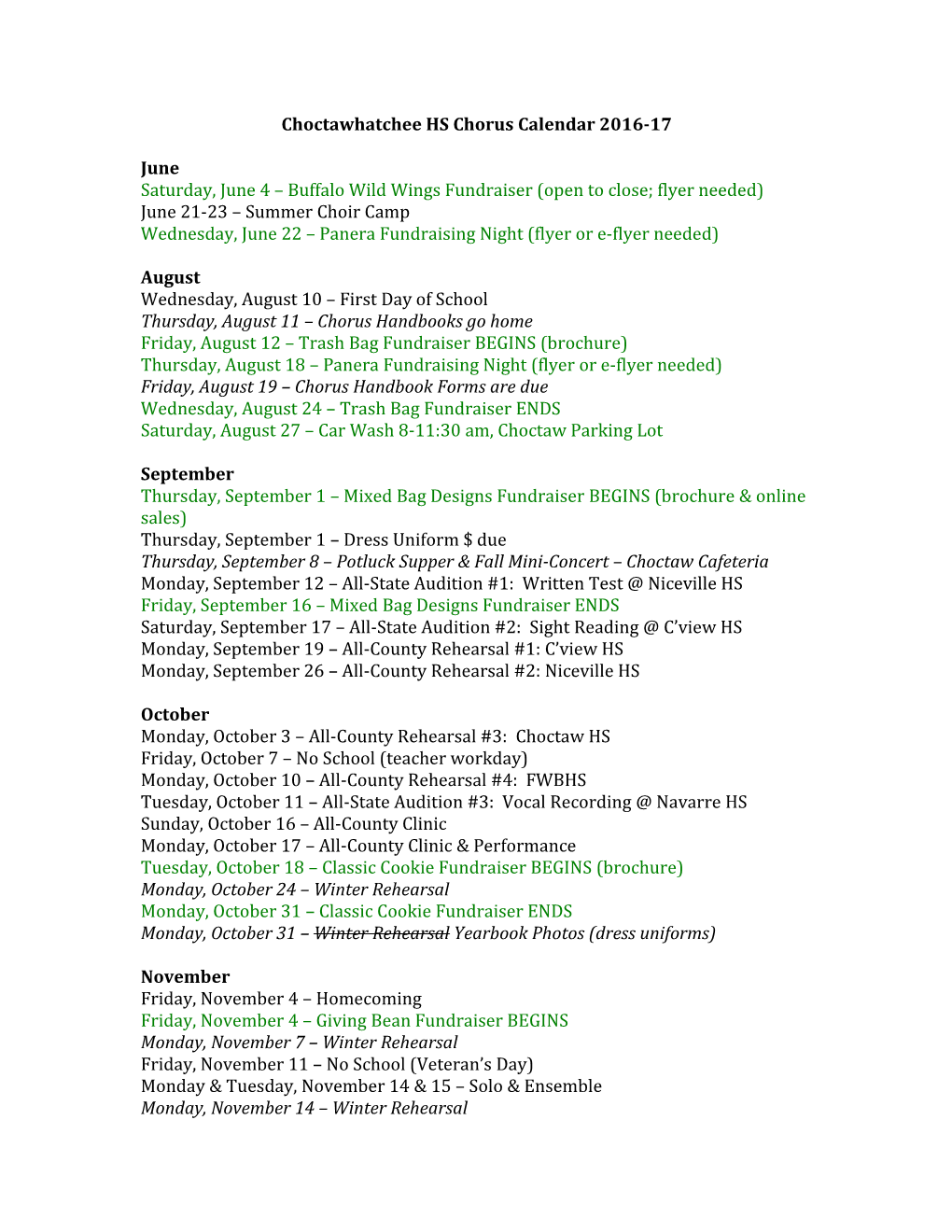 Choctawhatchee HS Chorus Calendar 2016-17