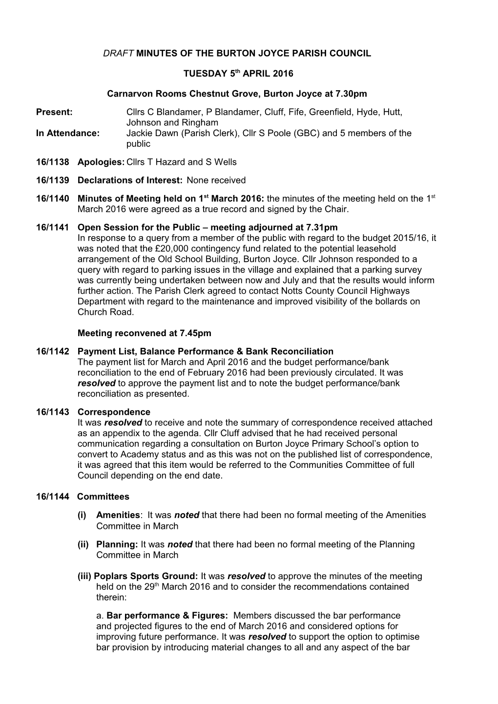 Draft Minutes of the Burton Joyce Parish Council
