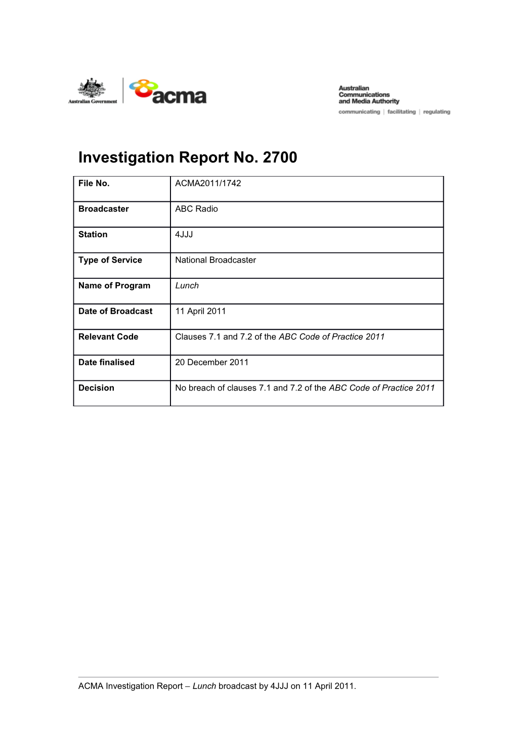 4JJJ - ACMA Investigation Report 2700