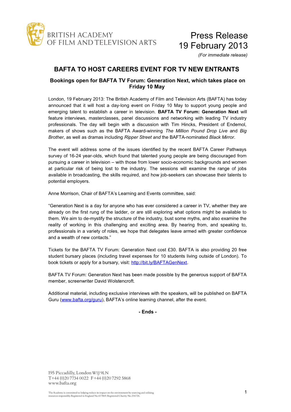 Bafta to Host Careers Event for Tv New Entrants