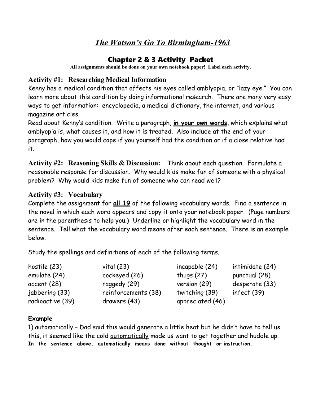 Chapter 2 & 3 Activity Packet