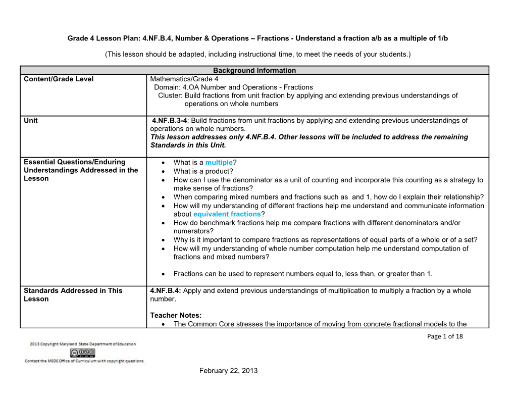 Grade 4 Lesson Plan: 4.NF.B.4, Number & Operations Fractions - Understand a Fraction A/B