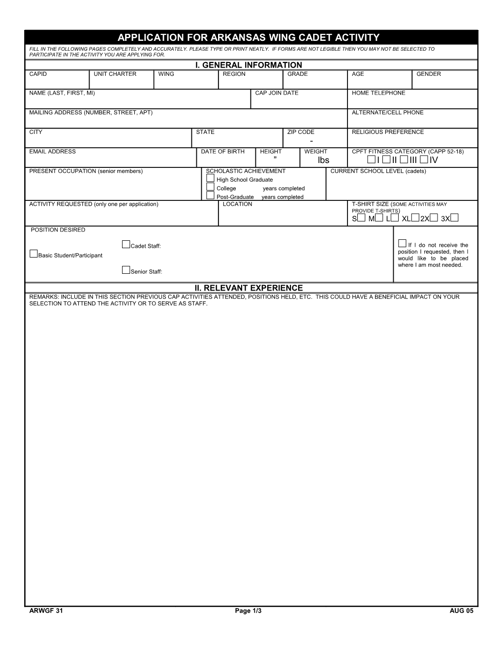 Application for Arkansas Wing Cadet Activity