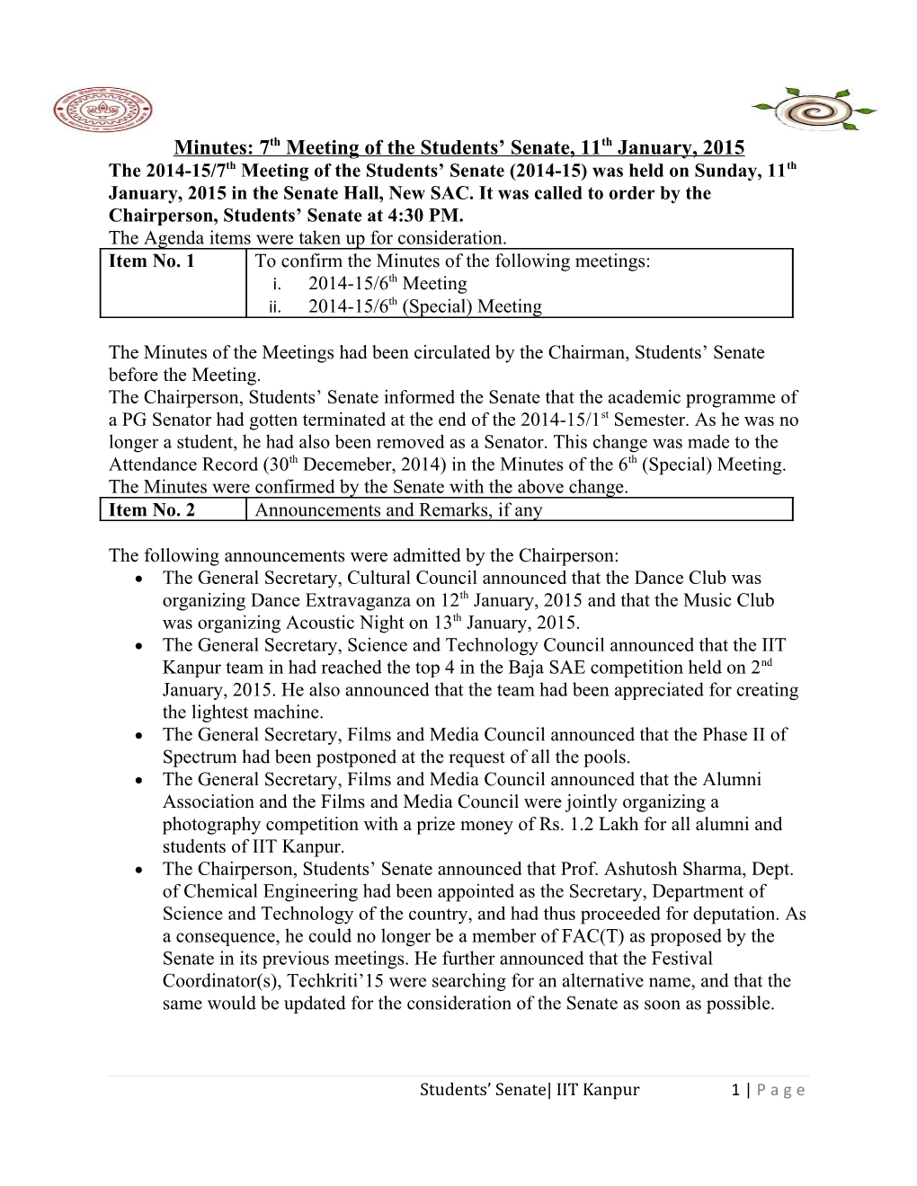 Minutes: 7Thmeeting of the Students Senate, 11Thjanuary, 2015