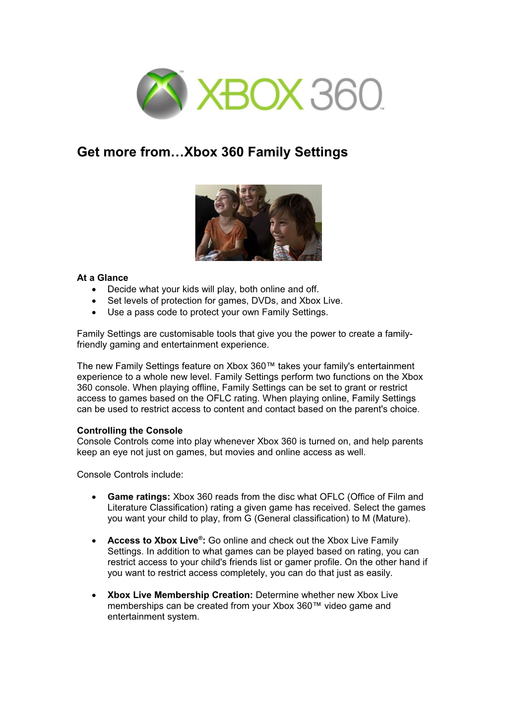 Xbox 360 Console Family Settings