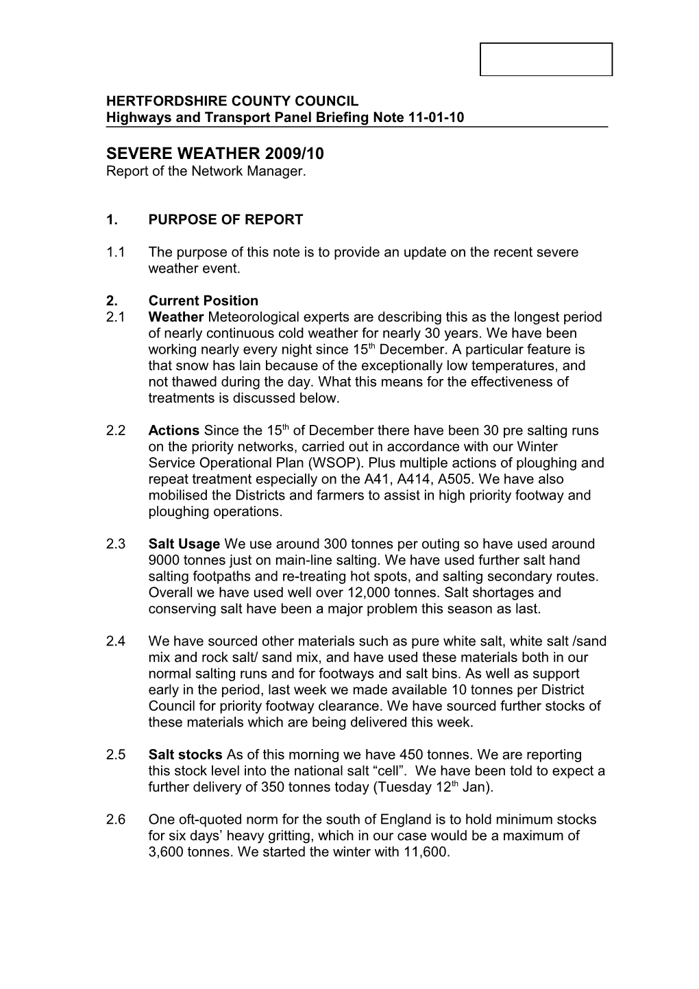 Highways and Transport Panel Briefing Note 11-01-10