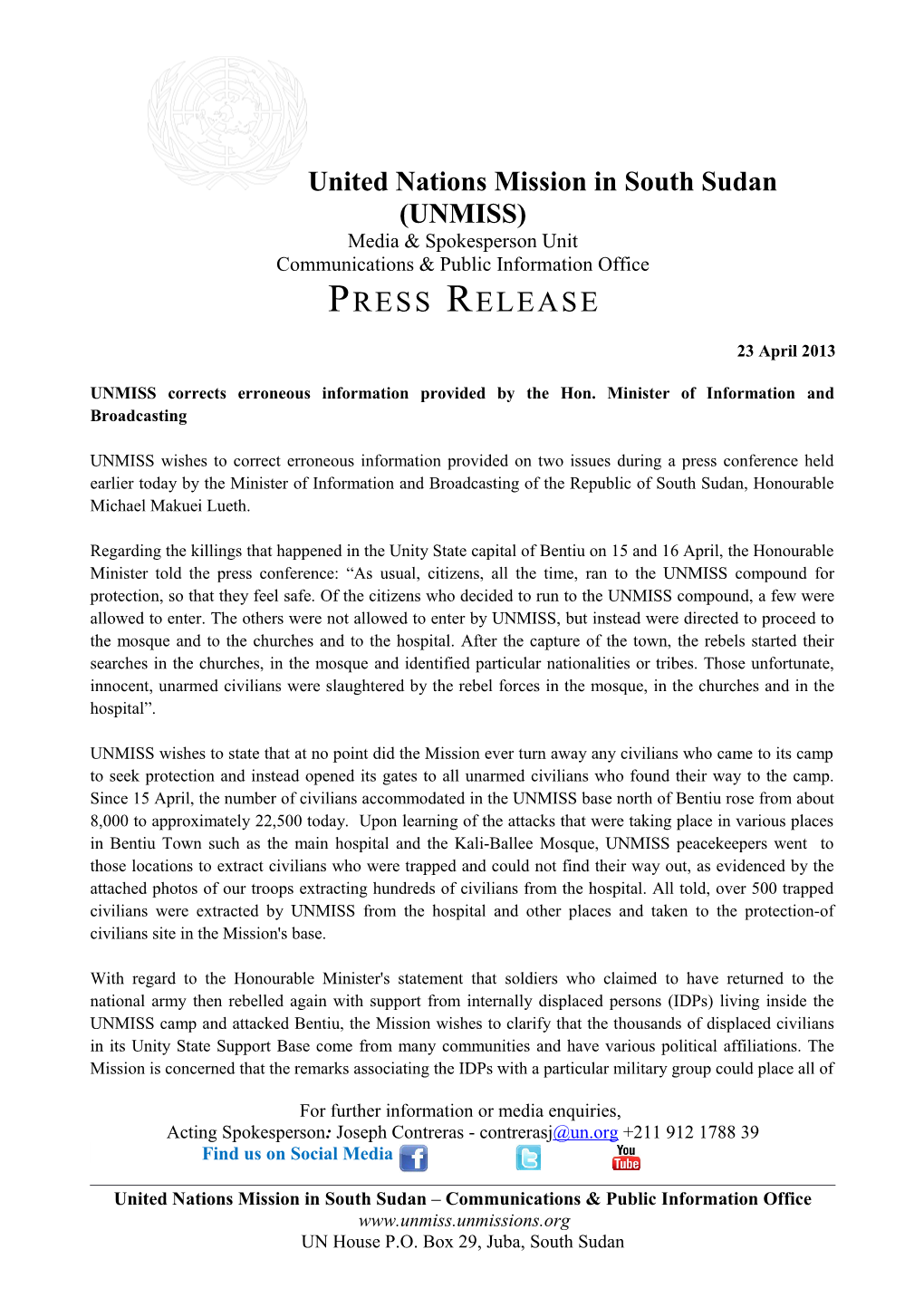 UNMISS Corrects Erroneous Information Provided by the Hon. Minister of Information And