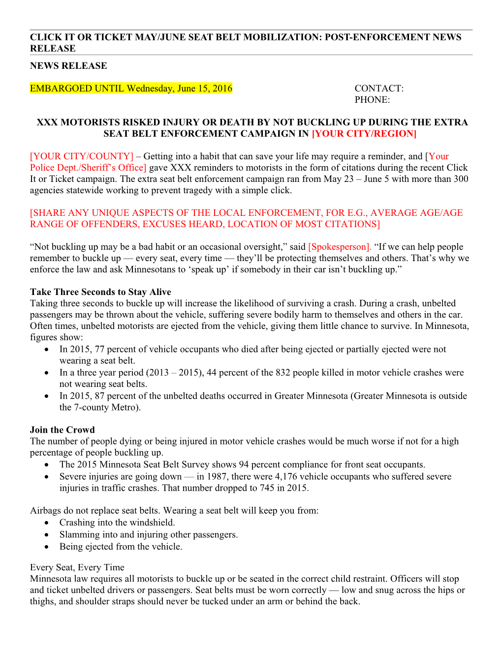 Click It Or Ticket May/Juneseat Belt Mobilization: Post-Enforcement News Release
