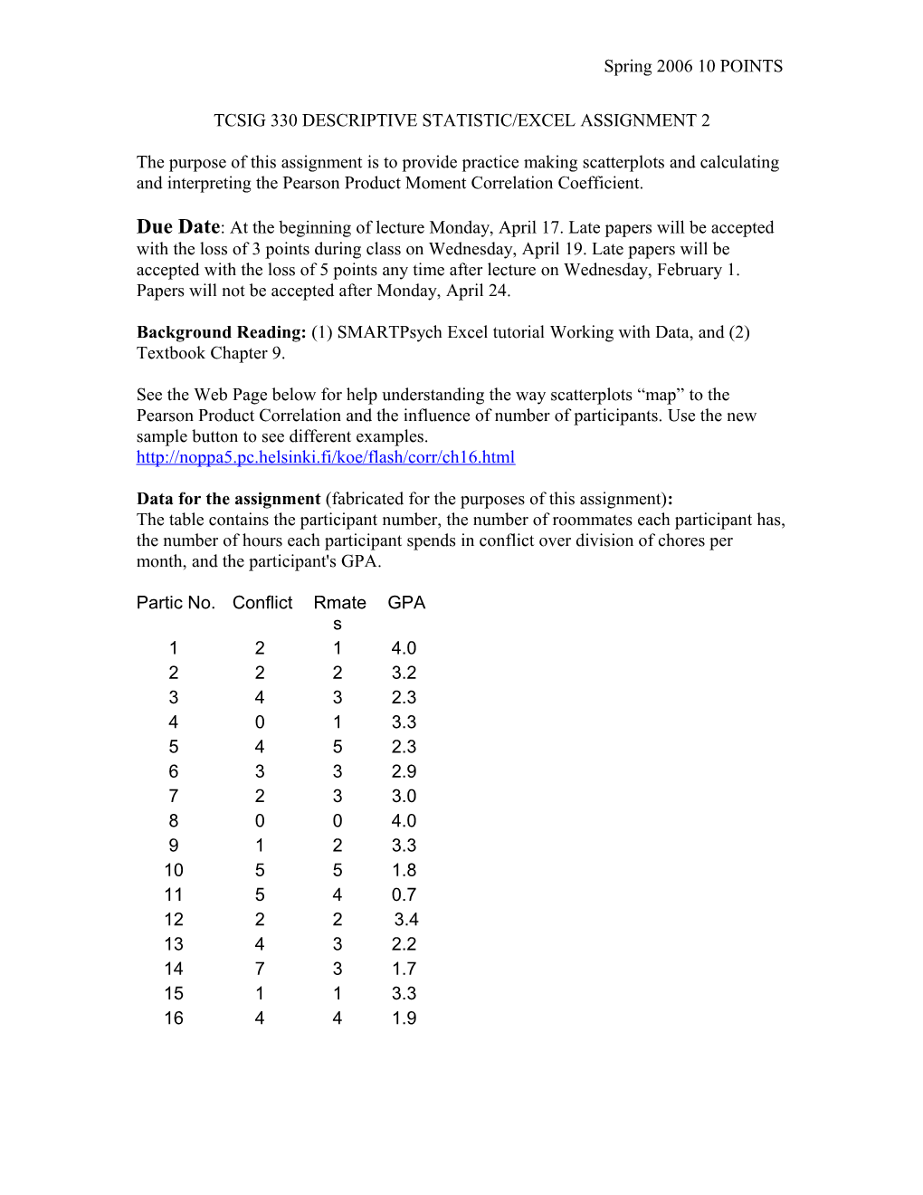 Psychology 209 Descriptive Statistic/Excel Assignment 2