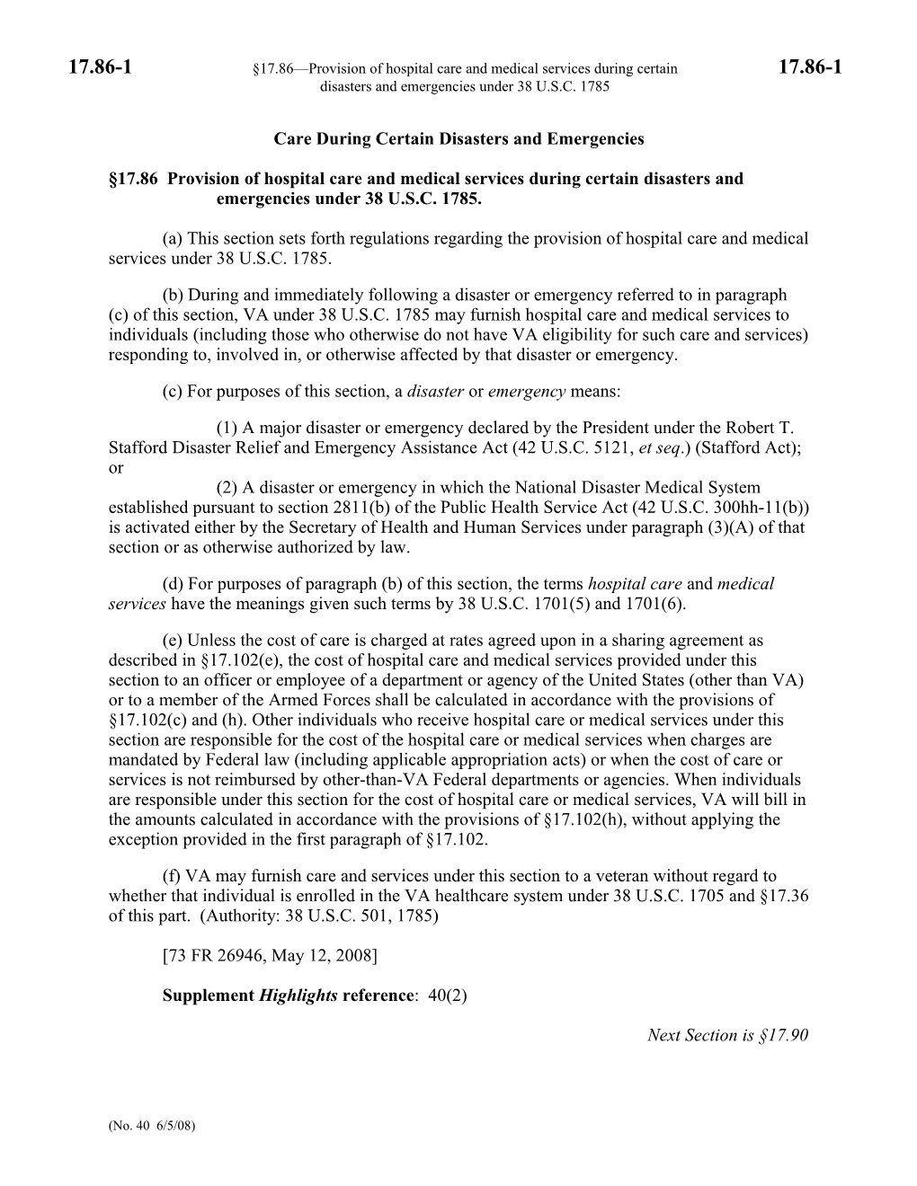 17.86-1 17.86 Provision of Hospital Care and Medical Services During Certain 17.86-1