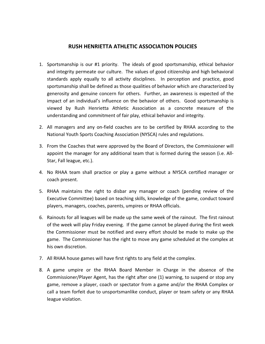 Rush Henrietta Athletic Association Policies