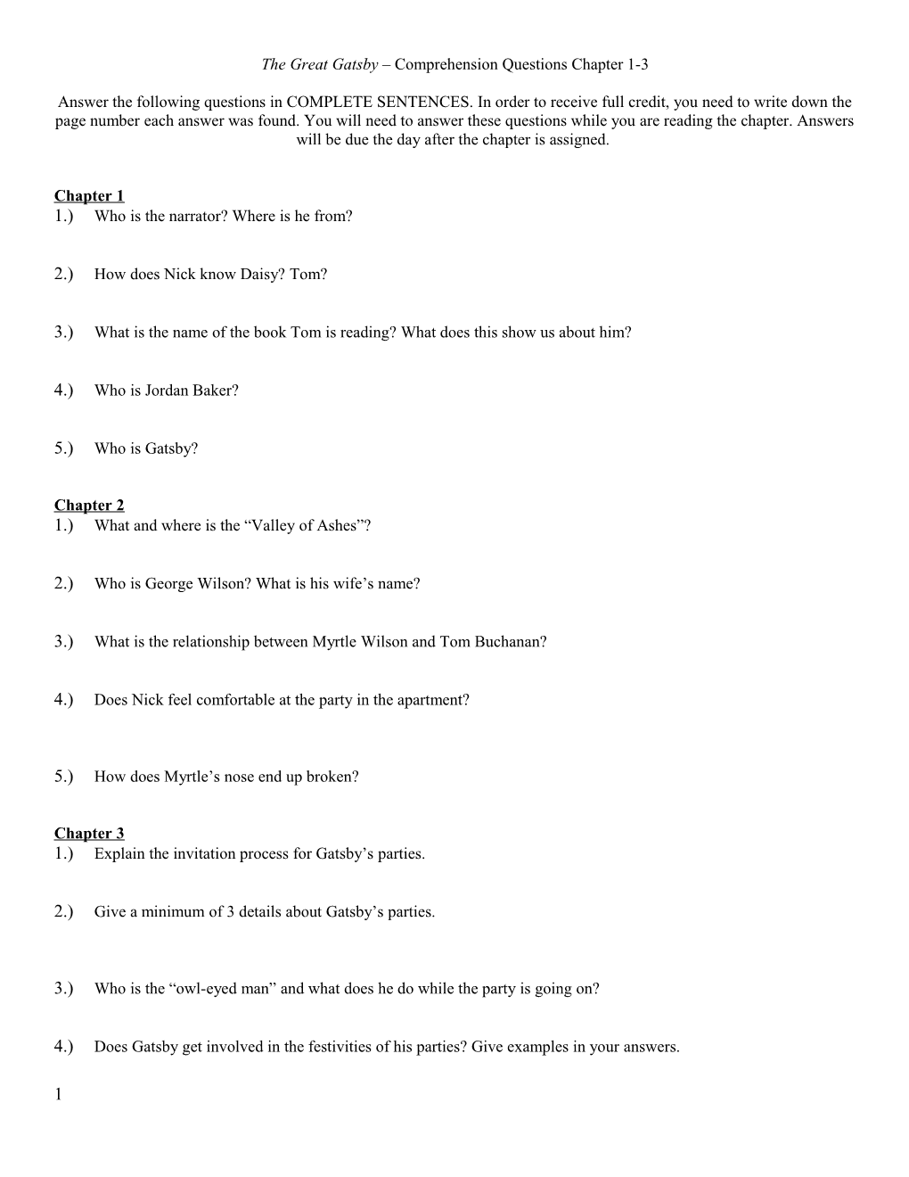 The Great Gatsby Comprehension Questions Chapter 1-3