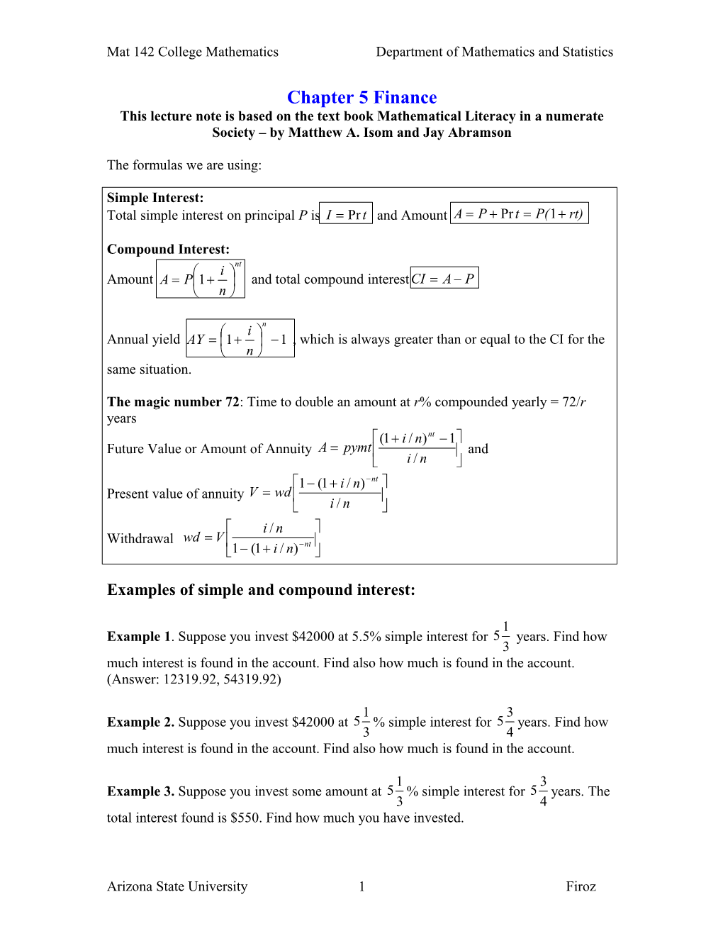 Mat 142 College Mathematicsdepartment of Mathematics and Statistics