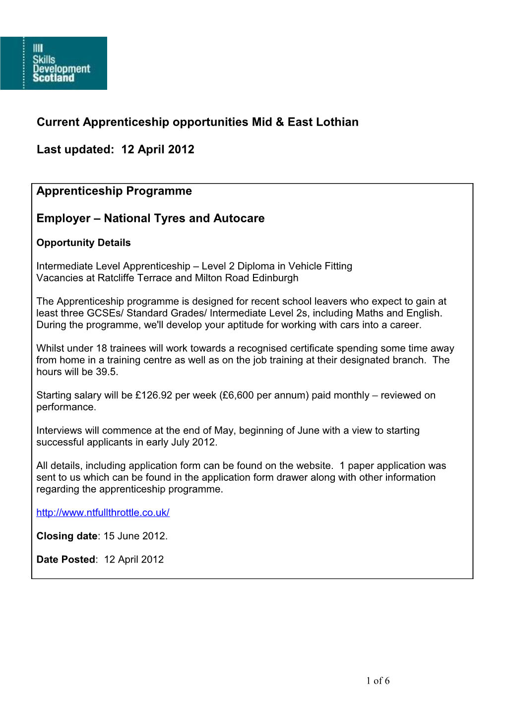 Current Apprenticeship Opportunities Mid & East Lothian