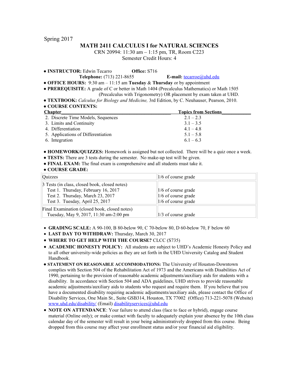 MATH 2411 CALCULUS I for NATURAL SCIENCES