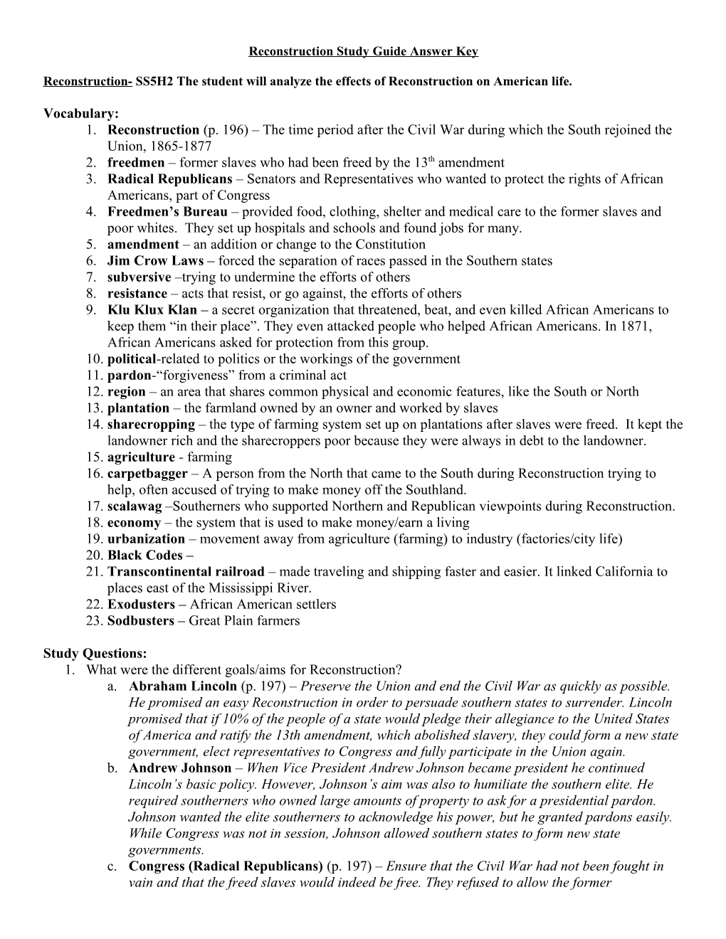 Reconstruction Study Guide Answer Key