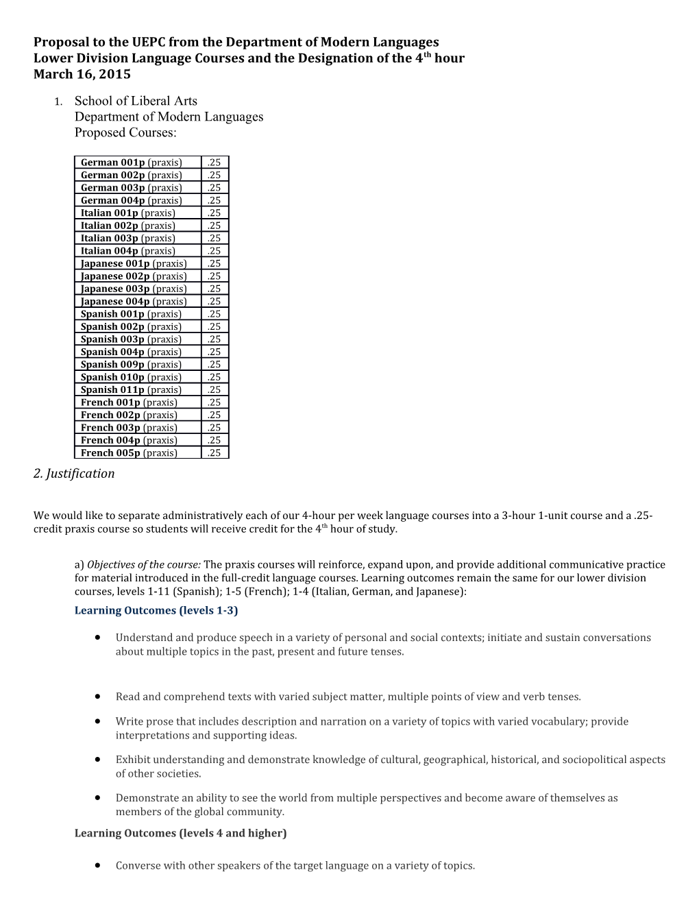 Proposal to the UEPC from the Department of Modern Languages