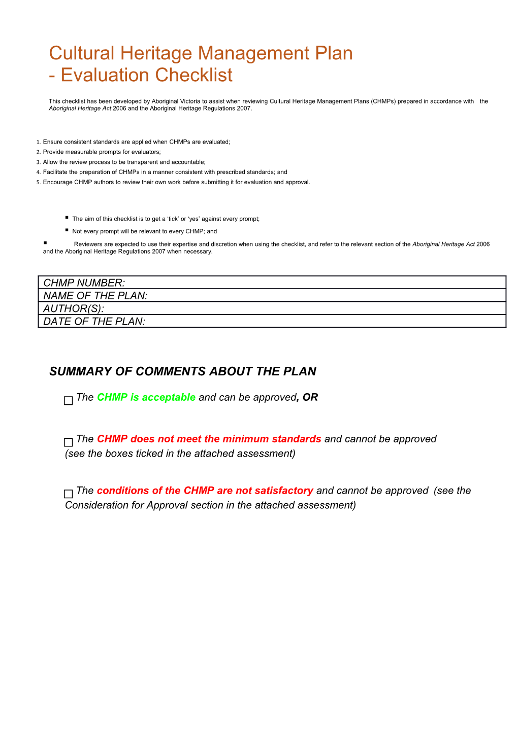 Aboriginal Cultural Heritage Management Plan Evaluation Checklist