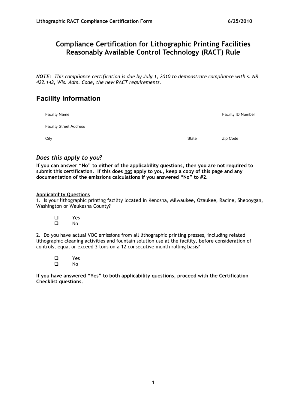 Lithographic RACT Compliance Certification Form 6/25/2010