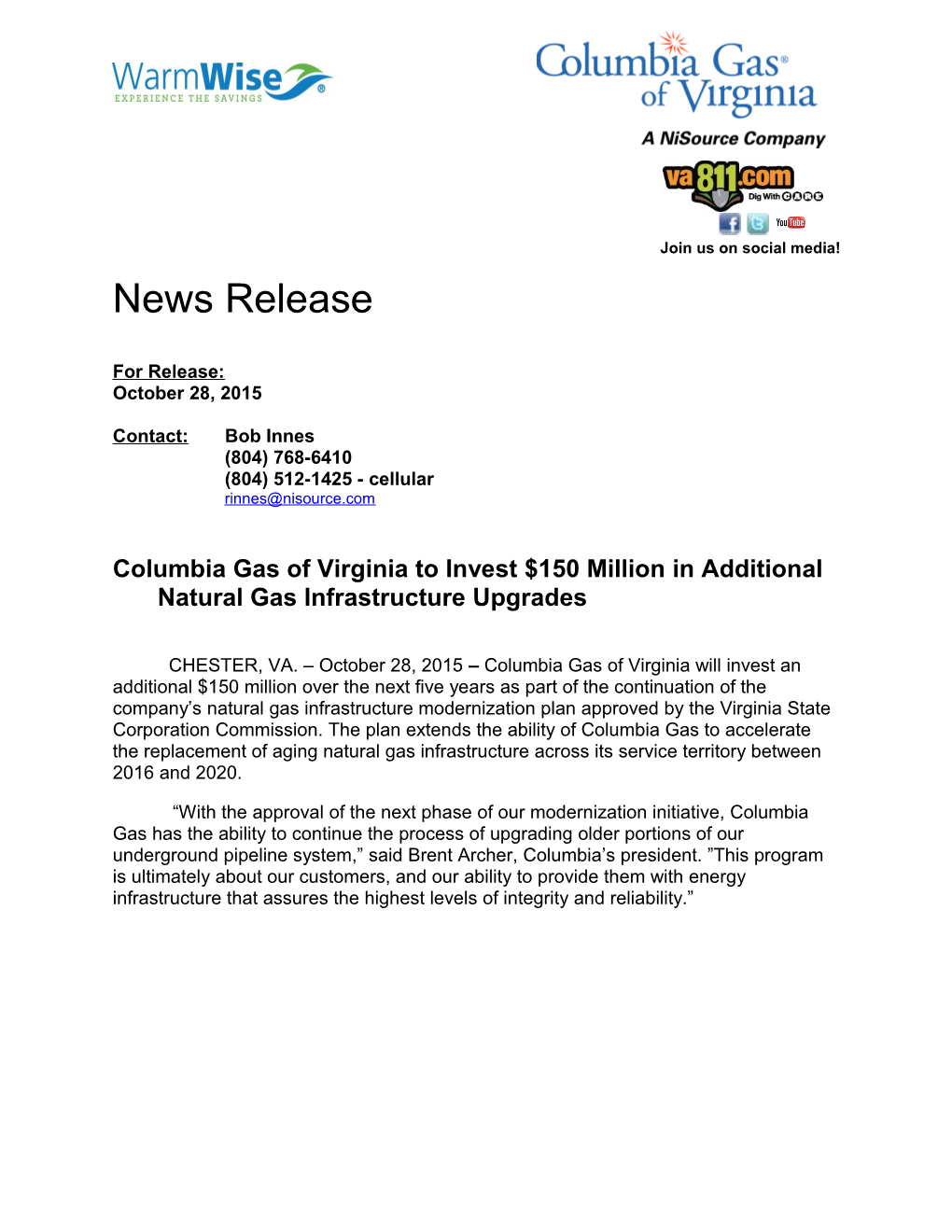 Columbia Gas of Virginia to Invest $150 Million in Additional Natural Gas Infrastructure