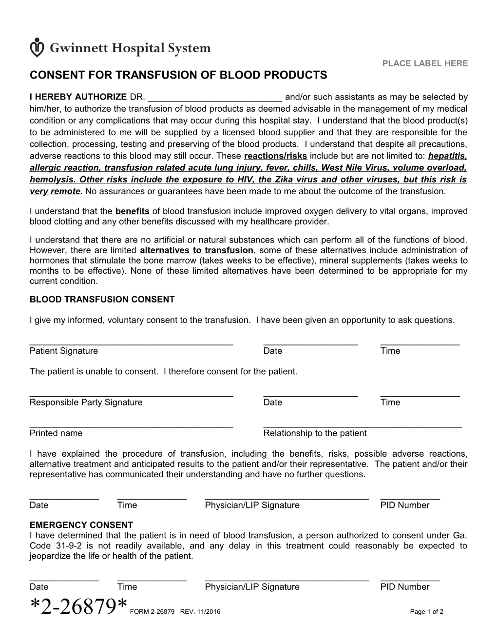 Consent for Transfusion of Blood Products