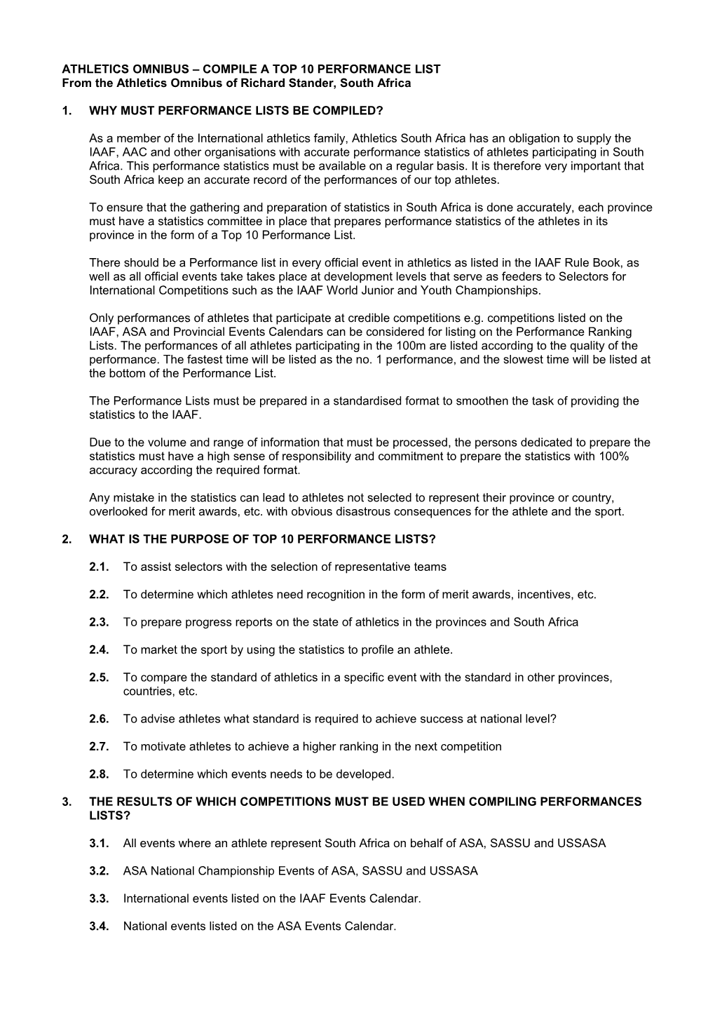 Athletics Omnibus Statistics Compiling a Top 10 Performance List