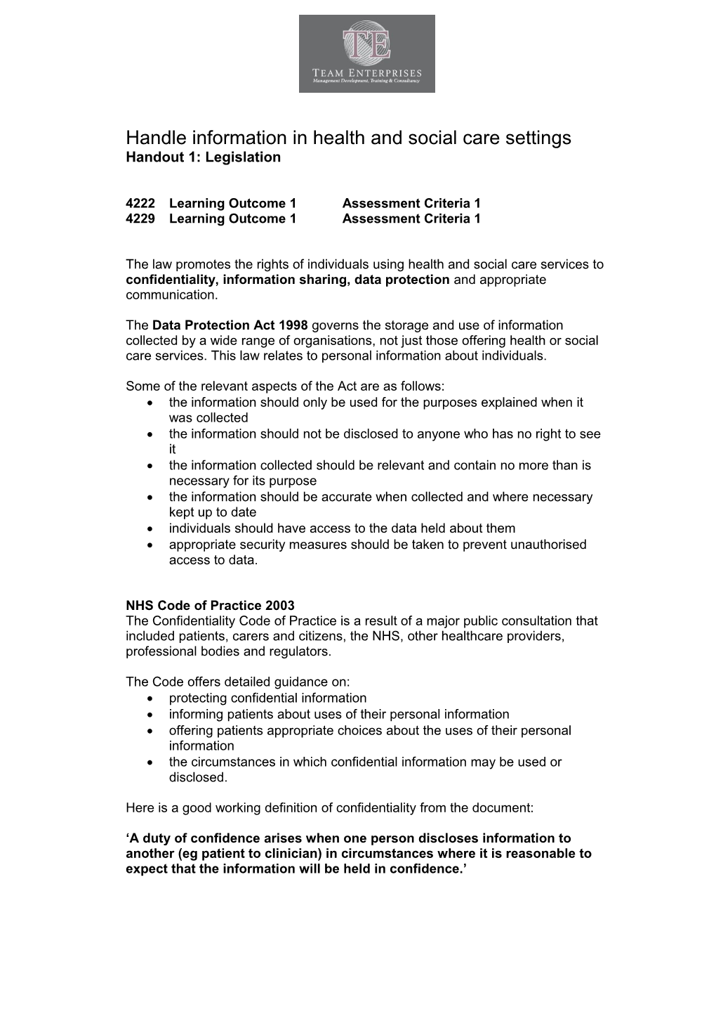 Unit HSC 028: Handle Information in Health and Social Care Settings