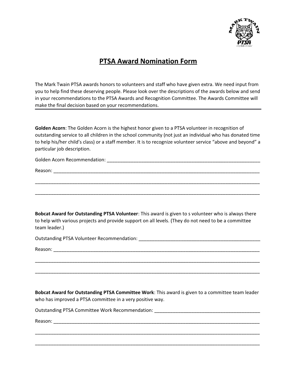 PTSA Award Nomination Form