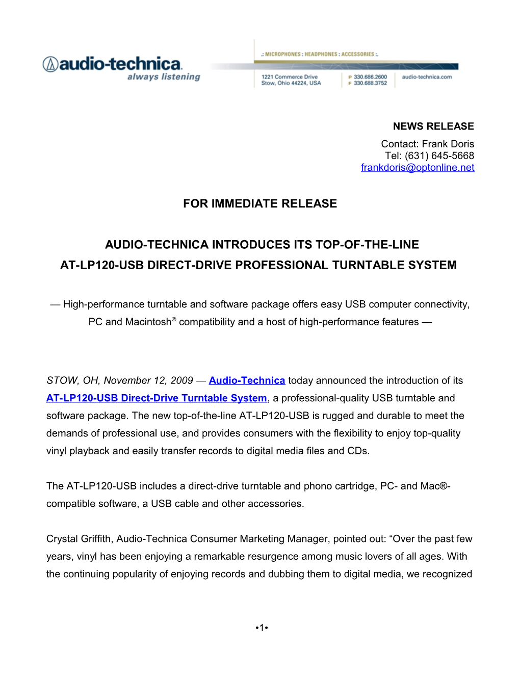 Audio-Technica ATR-LP120-USB Press Release