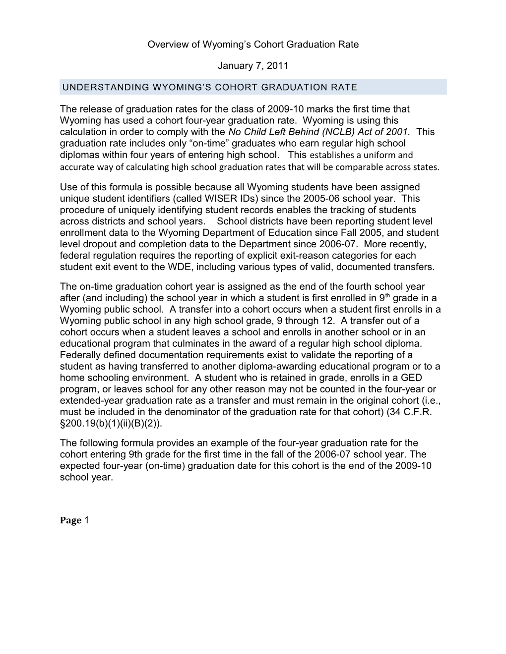 Overview of Wyoming S Cohort Graduation Rate