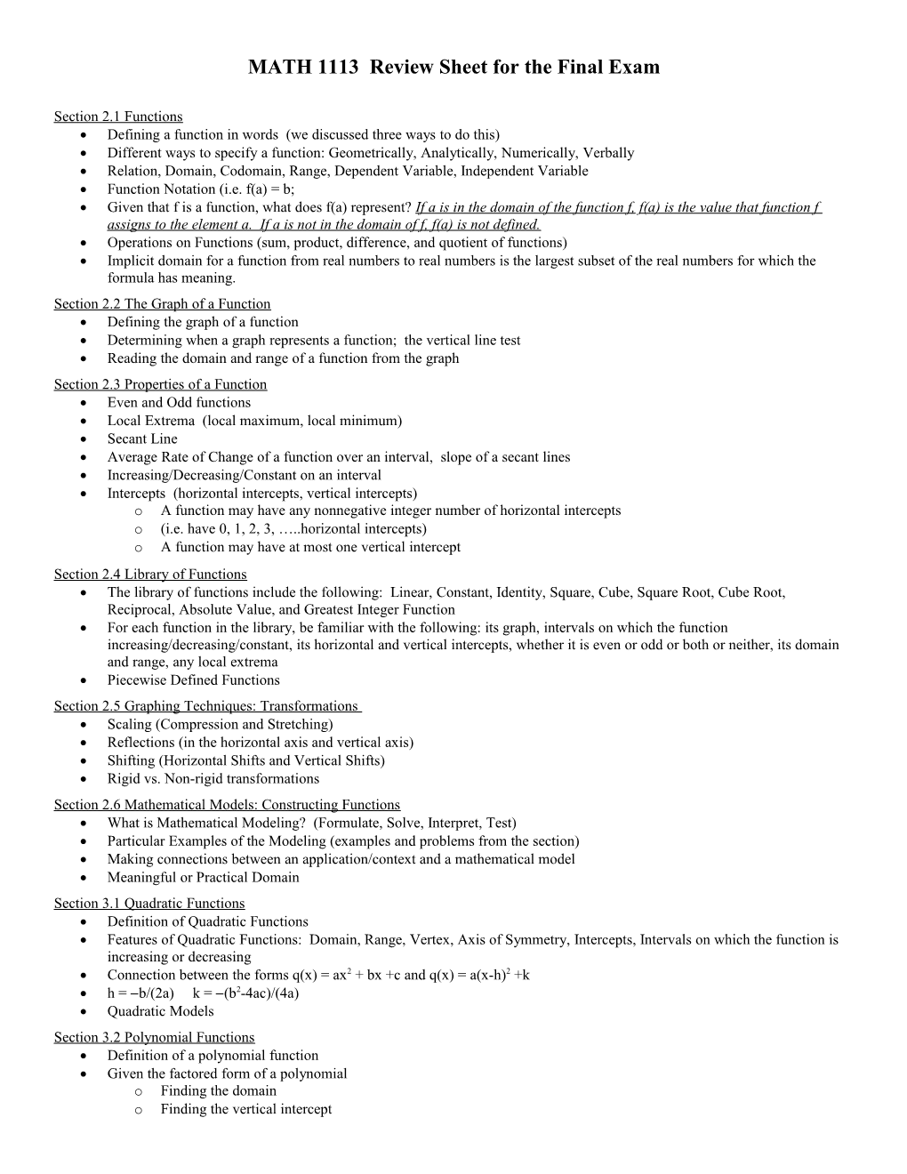 MATH 1113 Review Sheet for the Final Exam