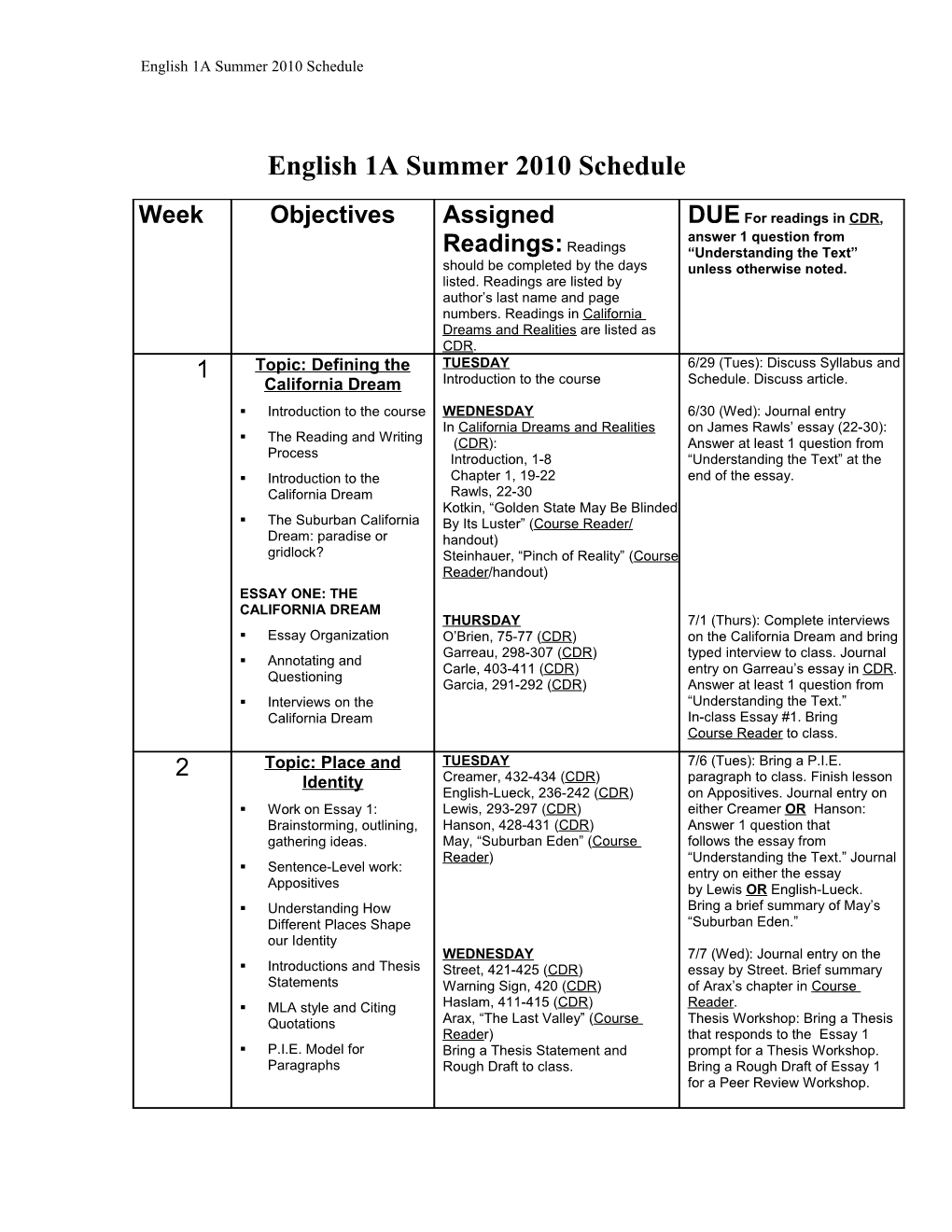 English 1A Summer 2010 Schedule