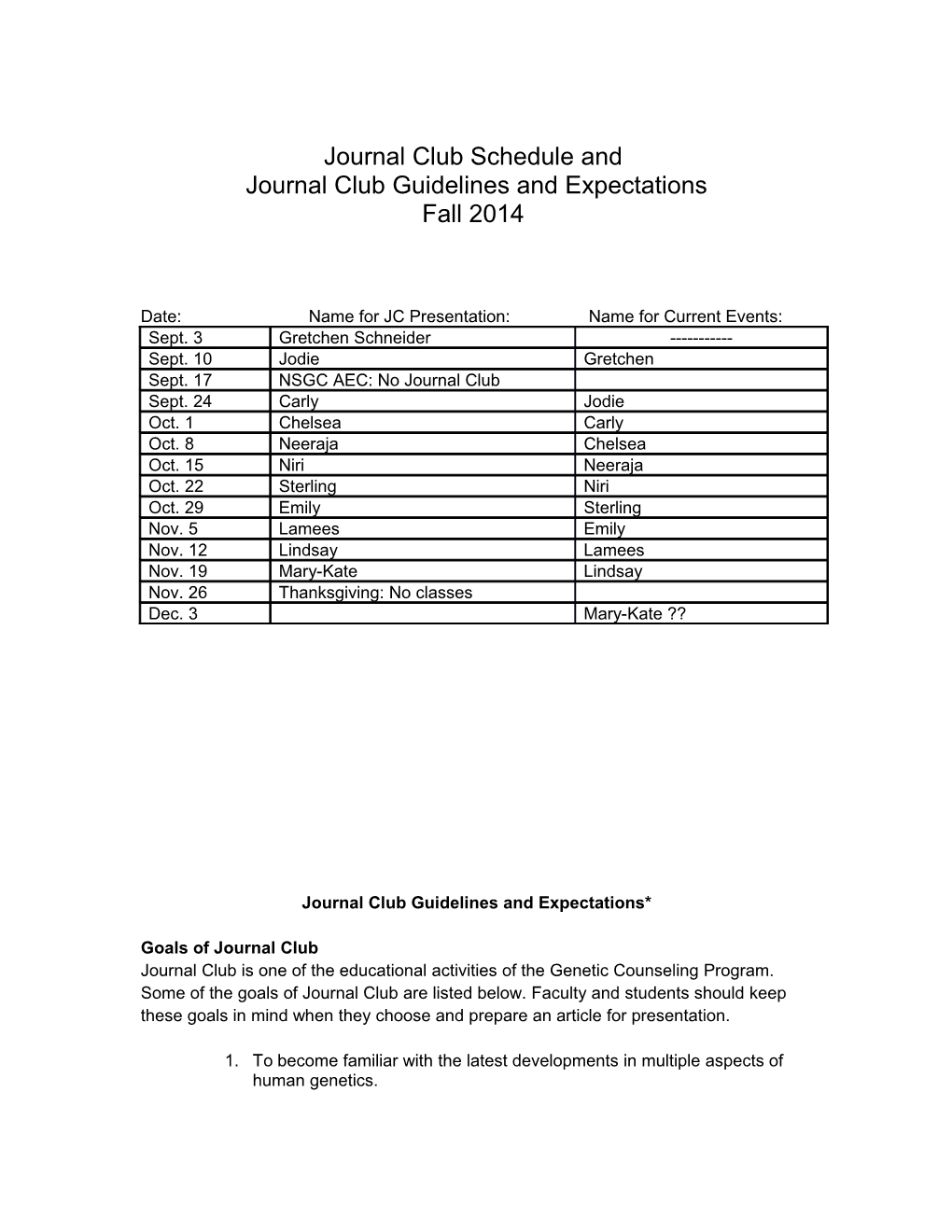 Journal Club Schedule And